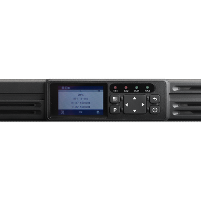 A close-up of the BCR-GMRS Repeater & Duplexer Power Bundle panel shows a display with frequency settings, multiple buttons, and indicator lights—FCC Part 95E certified for GMRS repeater use.