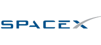 The SpaceX logo in blue letters with a curved gray line swooping over the letter "X" at the end.