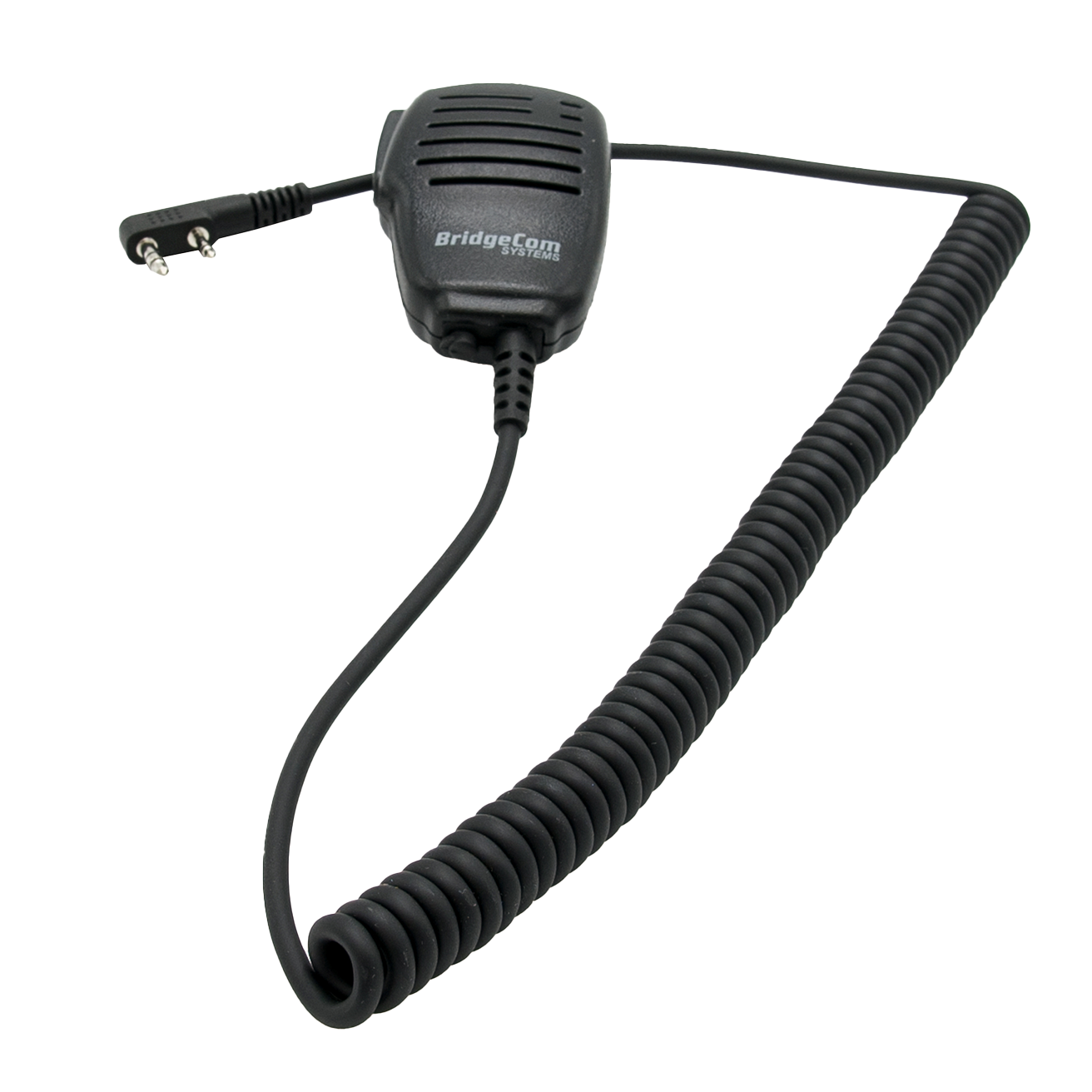 The Handheld Accessories Kit from BridgeCom Systems includes a black handheld microphone with a coiled cord that terminates in a two-prong plug, perfect for AnyTone HT. This essential DMR HT accessory features a gridded speaker and a convenient push-to-talk button on the side.