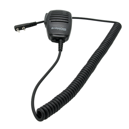 The Handheld Accessories Kit from BridgeCom Systems includes a black handheld microphone with a coiled cord that terminates in a two-prong plug, perfect for AnyTone HT. This essential DMR HT accessory features a gridded speaker and a convenient push-to-talk button on the side.