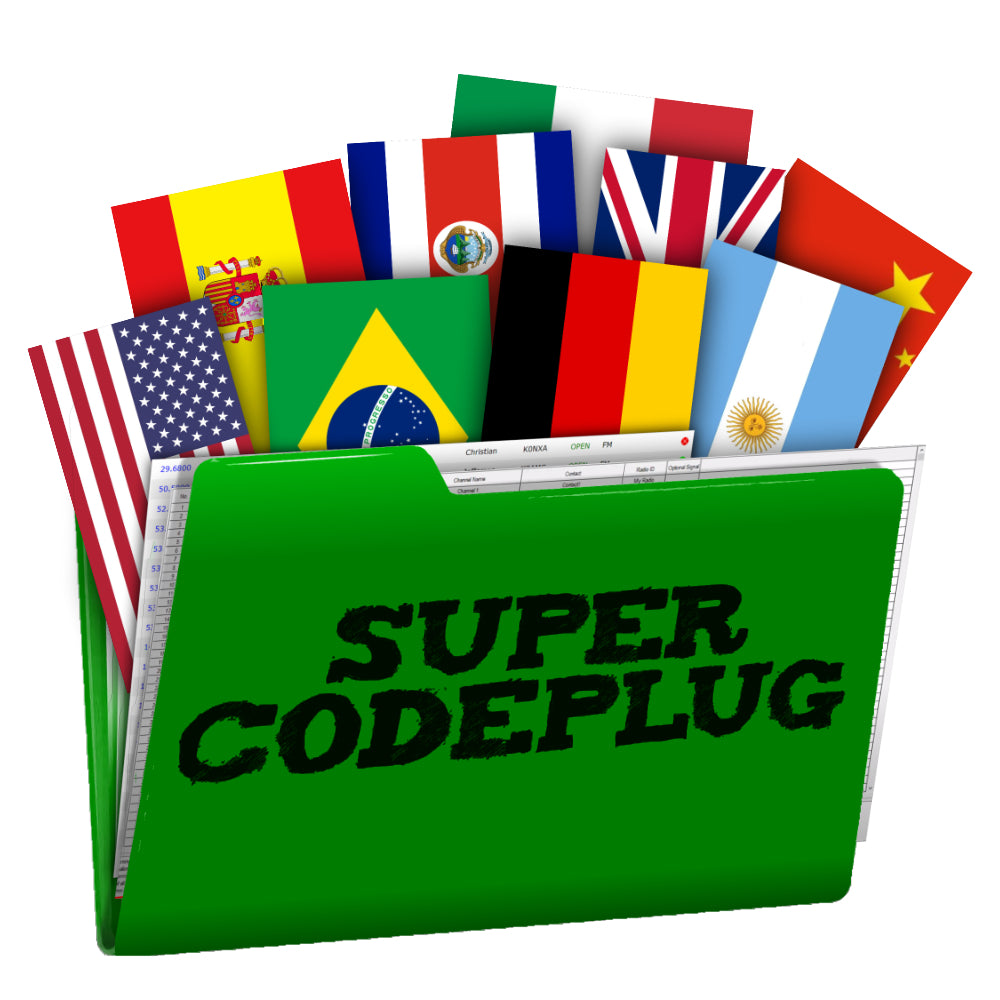 A green folder labeled "SUPER CODEPLUG" featuring various international flags such as those of the USA, Brazil, Argentina, Spain, and China protruding from the top. Inside the folder are partially visible sheets of paper and charts alongside a compact AnyTone HT from the Handheld Accessories Kit.