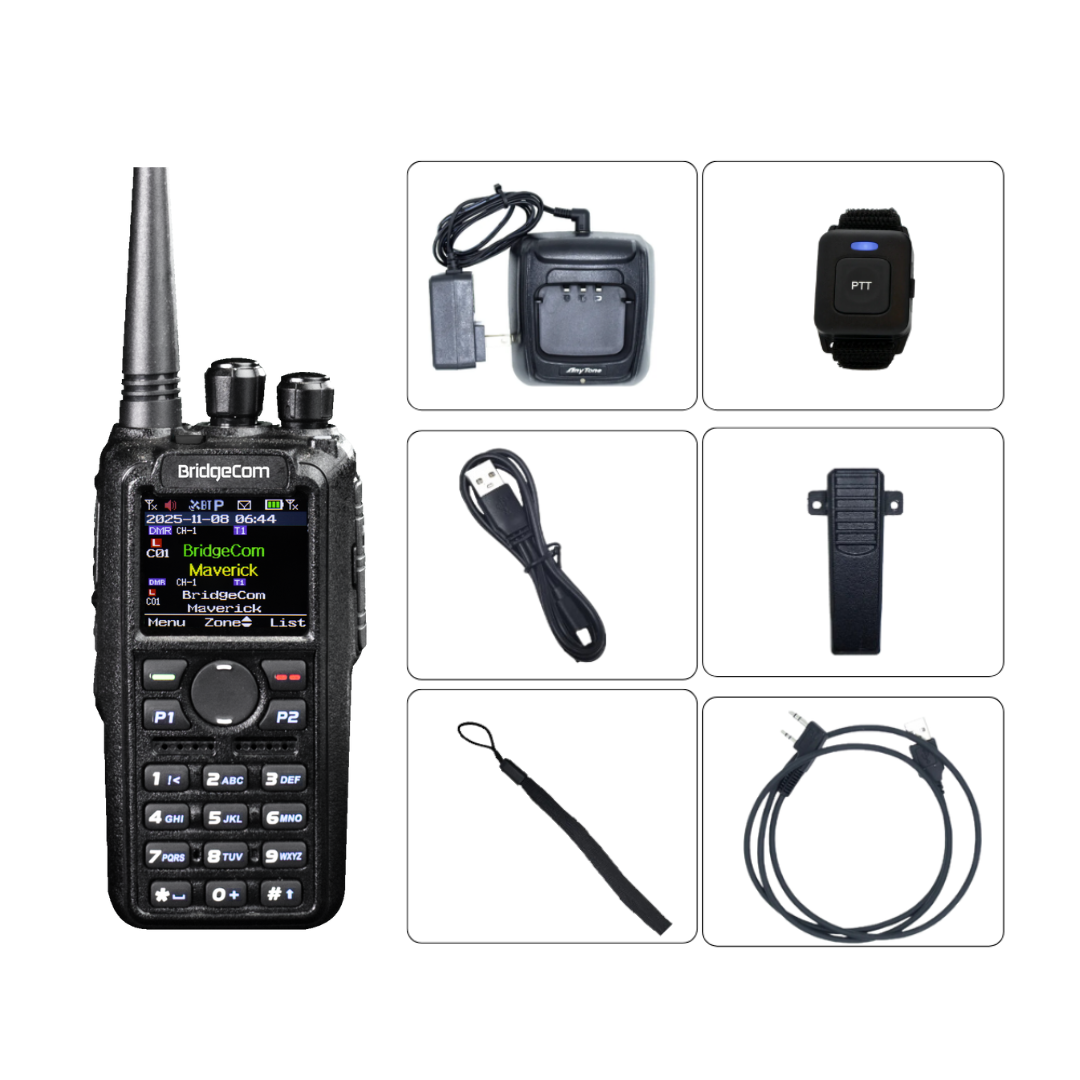 The Ultimate Hamshack Pack with $291 in Training Course FREE is shown with its accessories—charging dock, wrist PTT button, USB cable, belt clip, lanyard, and audio cable—all neatly organized in separate compartments.