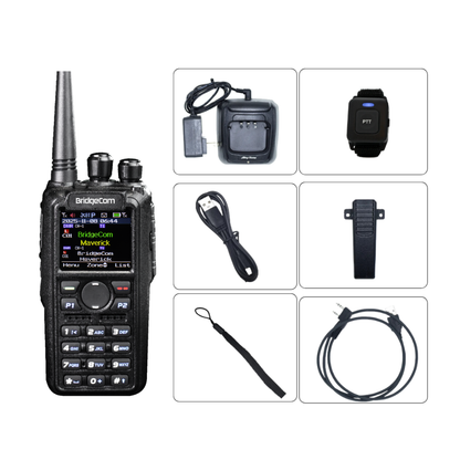 The Ultimate Hamshack Pack with $291 in Training Course FREE is shown with its accessories—charging dock, wrist PTT button, USB cable, belt clip, lanyard, and audio cable—all neatly organized in separate compartments.