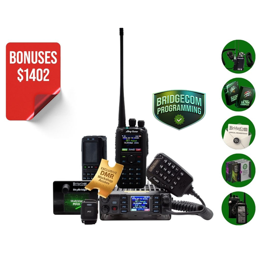 Set of radio communication devices with bonuses and programming information displayed.