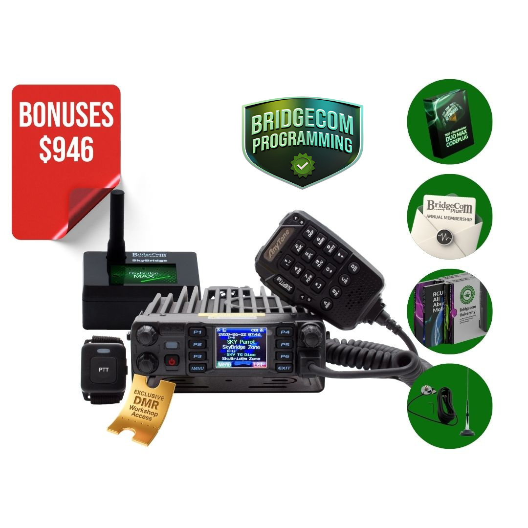 The AnyTone AT-D578UVIII Plus Plug and Play Package includes a radio, microphone, antenna, and accessories. Four green insets highlight related products like SkyBridge MAX hotspot. A red "SAVE $946" label appears in the top left corner.