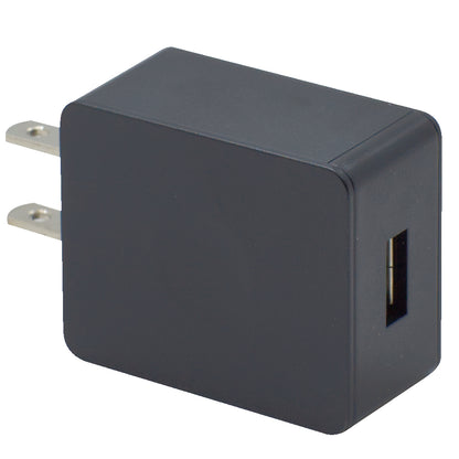 The Echo E30 Charger Base w/wall charger is a black, rectangular USB wall charger featuring two metal prongs for plugging into an electrical outlet. It includes a single USB port on one side, making it ideal for charging your Echo E30 or Echo GMRS handhelds.