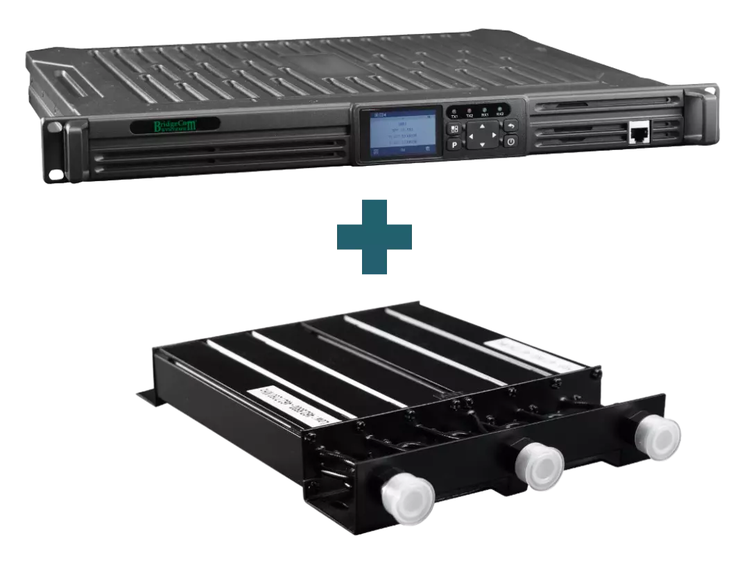 The BCR-GMRS Repeater & Duplexer Power Bundle is displayed, showing the rack-mounted repeater above the black GMRS battery module with three white connectors, separated by a plus sign.