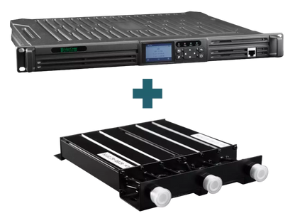 The BCR-GMRS Repeater & Duplexer Power Bundle is displayed, showing the rack-mounted repeater above the black GMRS battery module with three white connectors, separated by a plus sign.