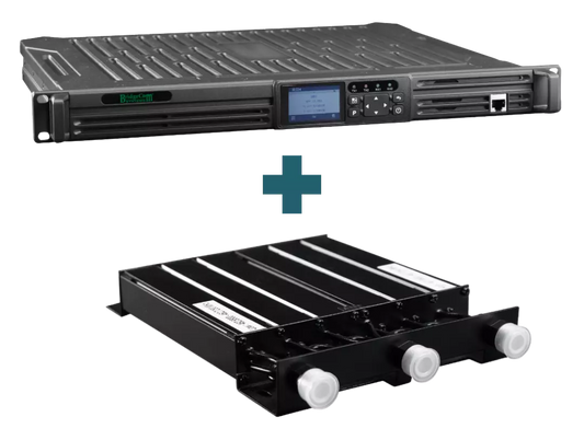 The BCR-GMRS Repeater & Duplexer Power Bundle is displayed, showing the rack-mounted repeater above the black GMRS battery module with three white connectors, separated by a plus sign.