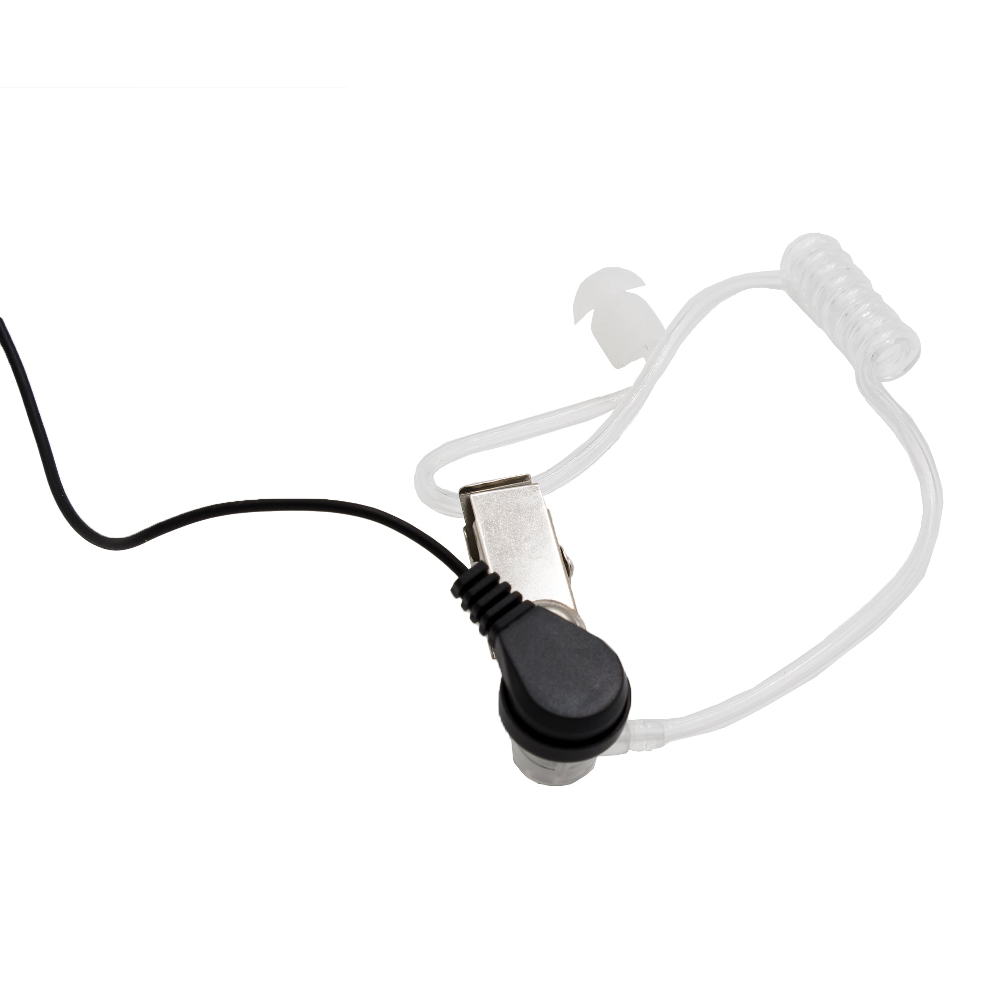 The BridgeCom BCE-300 Security Style Earpiece With Mic features a clear acoustic tube connected to a coiled transparent wire and black cable. Designed for clear audio, the earpiece includes a metal clip attachment for security and an earbud at the end of the tube for listening. This model also includes a K1 Style Plug for straightforward connectivity.