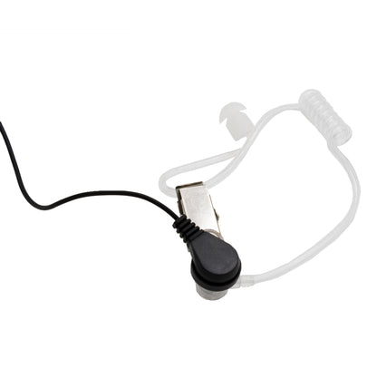 The BridgeCom BCE-300 Security Style Earpiece With Mic features a clear acoustic tube connected to a coiled transparent wire and black cable. Designed for clear audio, the earpiece includes a metal clip attachment for security and an earbud at the end of the tube for listening. This model also includes a K1 Style Plug for straightforward connectivity.