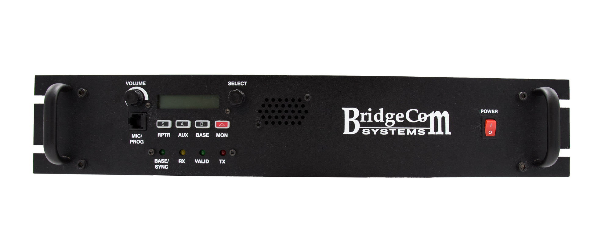 The BCR-220 (220 MHz) Repeater MMDVM Digital package with Programming Kit from BridgeCom Systems is a reliable solution for amateur ham radio enthusiasts. This black repeater features various buttons, a screen, and LED indicators. The front panel includes a volume knob, select knob, multiple labeled ports, an LCD display, built-in speaker, power button, and prominently displays the white BridgeCom Systems logo.