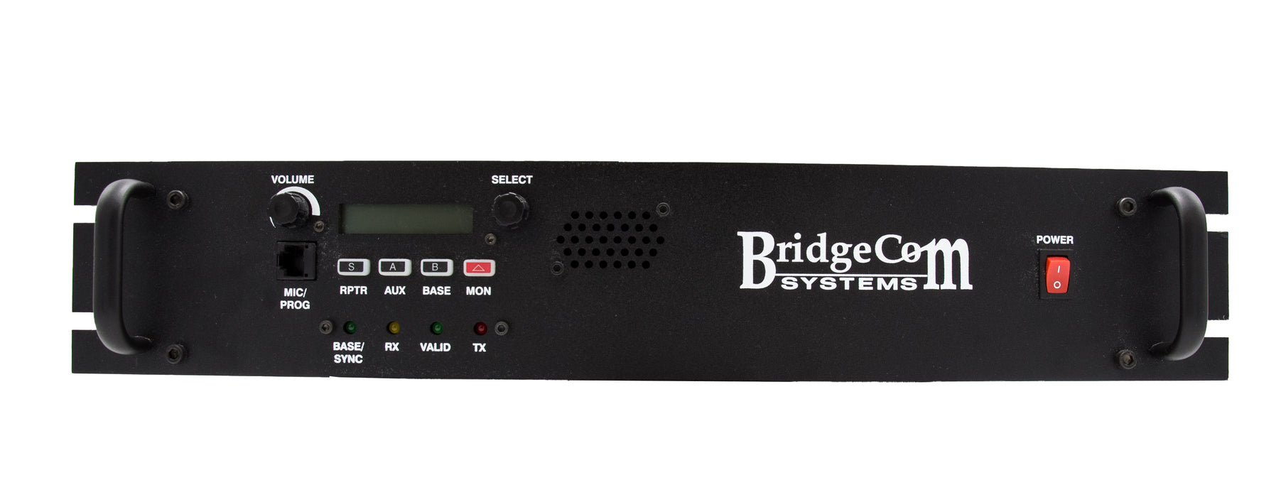 The BCR-220 (220 MHz) Repeater MMDVM Digital package with Programming Kit from BridgeCom Systems is a reliable solution for amateur ham radio enthusiasts. This black repeater features various buttons, a screen, and LED indicators. The front panel includes a volume knob, select knob, multiple labeled ports, an LCD display, built-in speaker, power button, and prominently displays the white BridgeCom Systems logo.