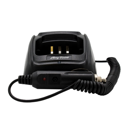 A black AnyTone AT-D868UV / AT-D878UV Mobile Battery Charging Kit featuring a coiled 12v power point cord and a plug. The charger is equipped with metal contacts for connecting the AnyTone AT-D868UV radio, and the AnyTone logo is prominently displayed at the front.