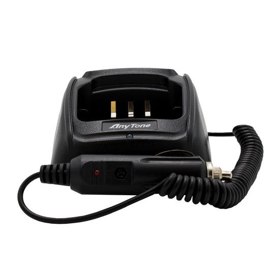 A black AnyTone AT-D868UV / AT-D878UV Mobile Battery Charging Kit featuring a coiled 12v power point cord and a plug. The charger is equipped with metal contacts for connecting the AnyTone AT-D868UV radio, and the AnyTone logo is prominently displayed at the front.