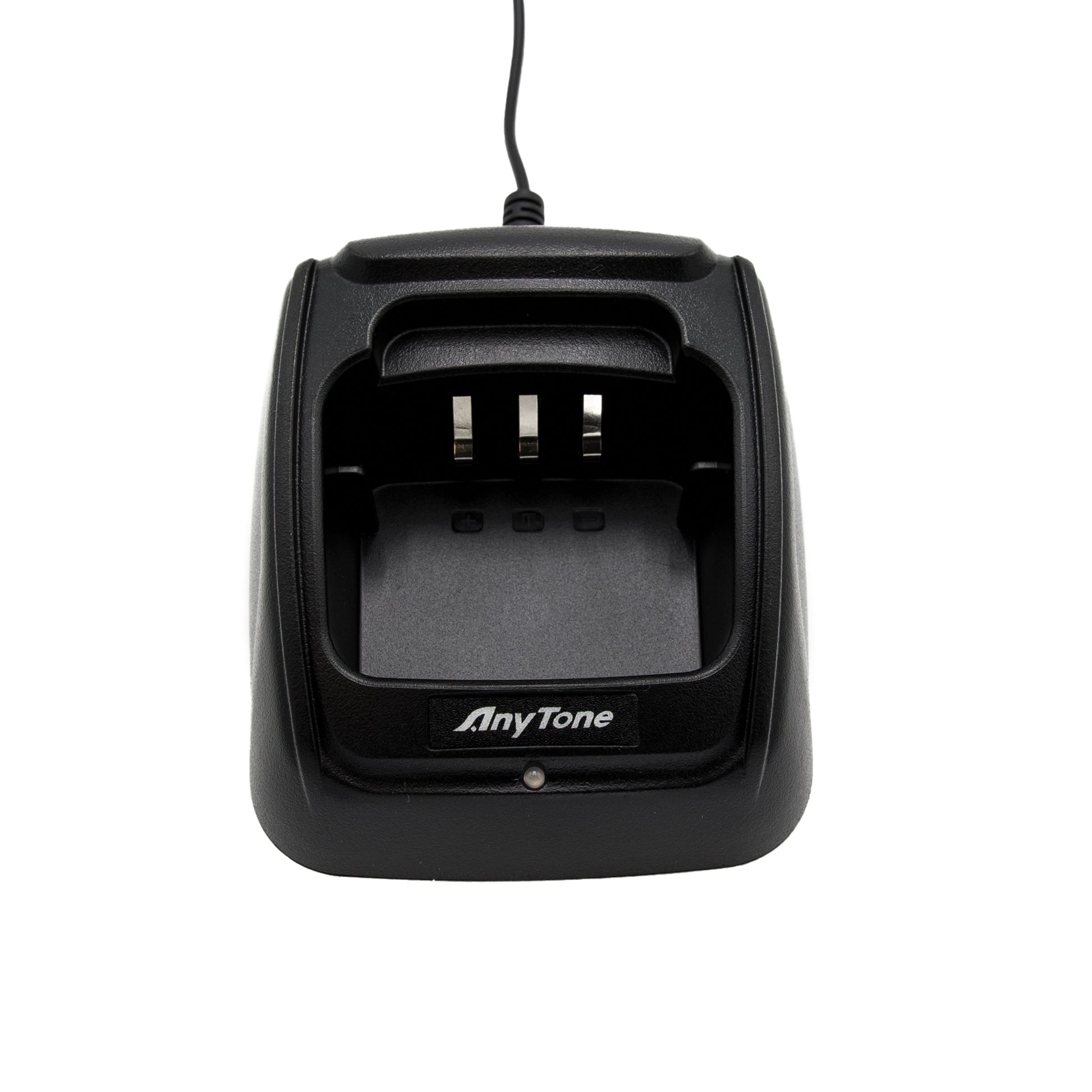 A black AnyTone AT-D868UV / AT-D878UV Charging Base Kit with a connected power cord. The dock features three metal prongs inside and has the AnyTone logo printed on the front. The charging slot is prominently visible, designed to accommodate devices like the AnyTone AT-D868UV and AT-D878UV.