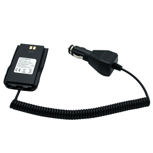 The AnyTone 12V Battery Eliminator is a black lithium battery charger equipped with a coiled cord that features a car adapter plug at one end and connectors at the other for attaching to an AnyTone AT-D868UV. Designed specifically for in-vehicle use, it has a white label displaying text and symbols that indicate specifications and safety information.
