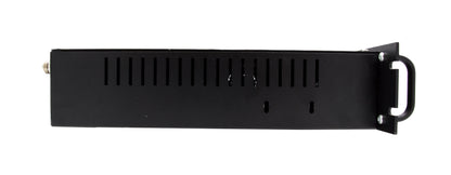 The BCR-220 (220 MHz) Repeater MMDVM Digital package with Programming Kit, shown from the side, features a black 1U rackmount chassis that is ideal for housing an amateur ham radio setup. The unit includes ventilation slits near the top and bottom, a handle on the right side, and mounting brackets for securing it into a server rack.