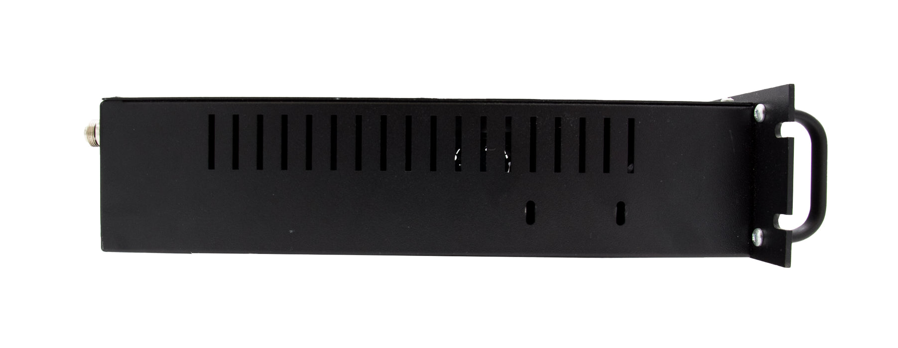 The BCR-220 (220 MHz) Repeater MMDVM Digital package with Programming Kit, shown from the side, features a black 1U rackmount chassis that is ideal for housing an amateur ham radio setup. The unit includes ventilation slits near the top and bottom, a handle on the right side, and mounting brackets for securing it into a server rack.