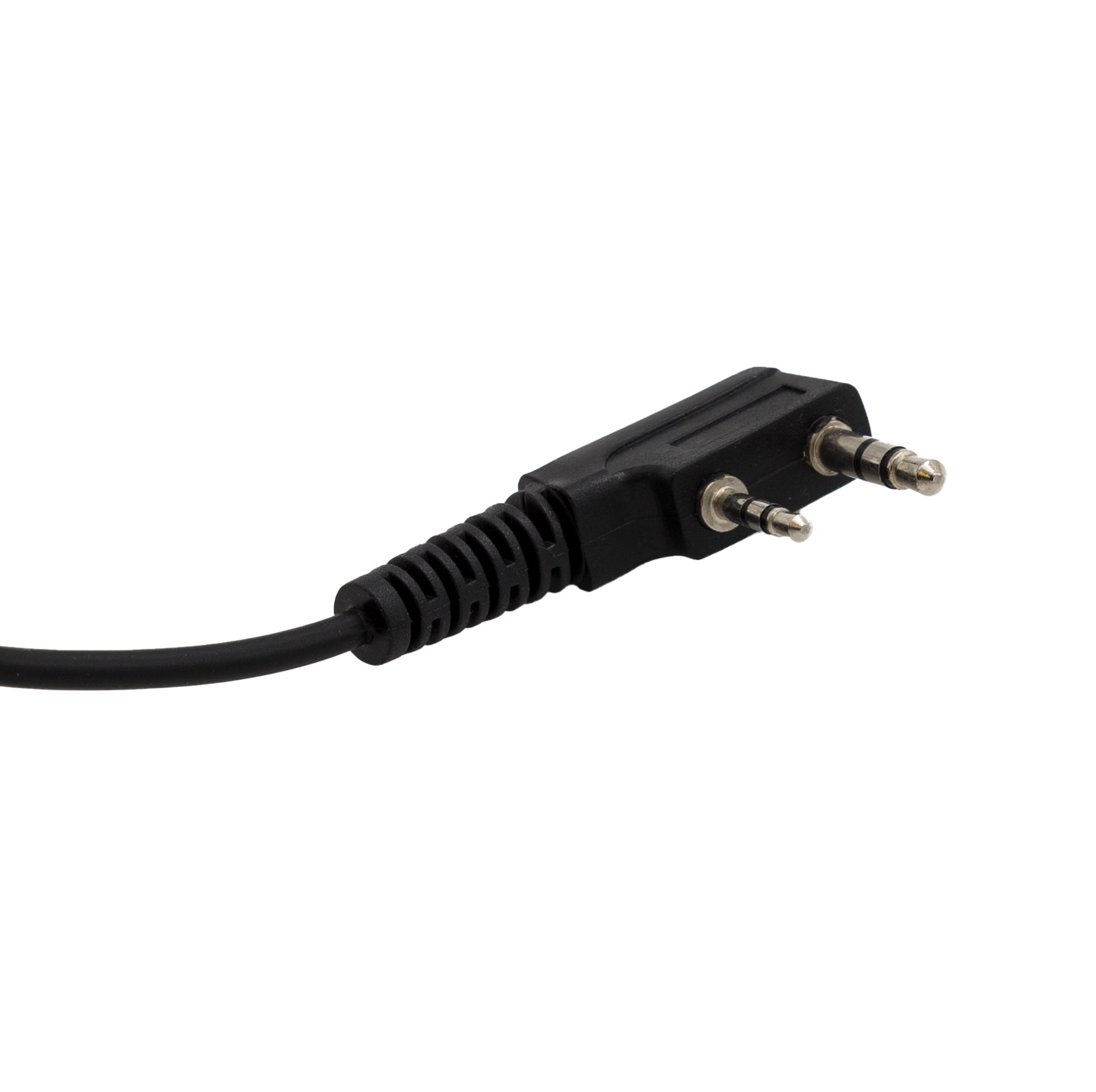 A black BridgeCom BCE-300 Security Style Earpiece with Mic, featuring a dual-prong K1 Style Plug and a connected cable. The plug has two metal prongs and a ribbed strain relief section near the base. Perfect for clear audio transmission, it's showcased against an empty white background.
