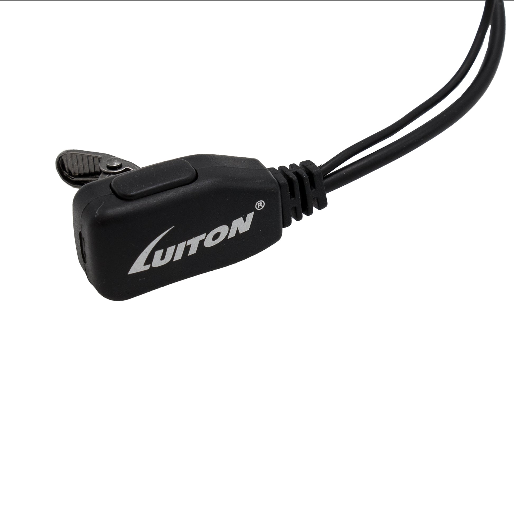 Close-up of a black BridgeCom BCE-300 Security Style Earpiece With Mic, featuring a button and an earpiece clip on the side. It has two cords extending from it on the right, with a K1 style plug providing clear audio. The object appears to be some sort of connector or communication accessory. The background is white.