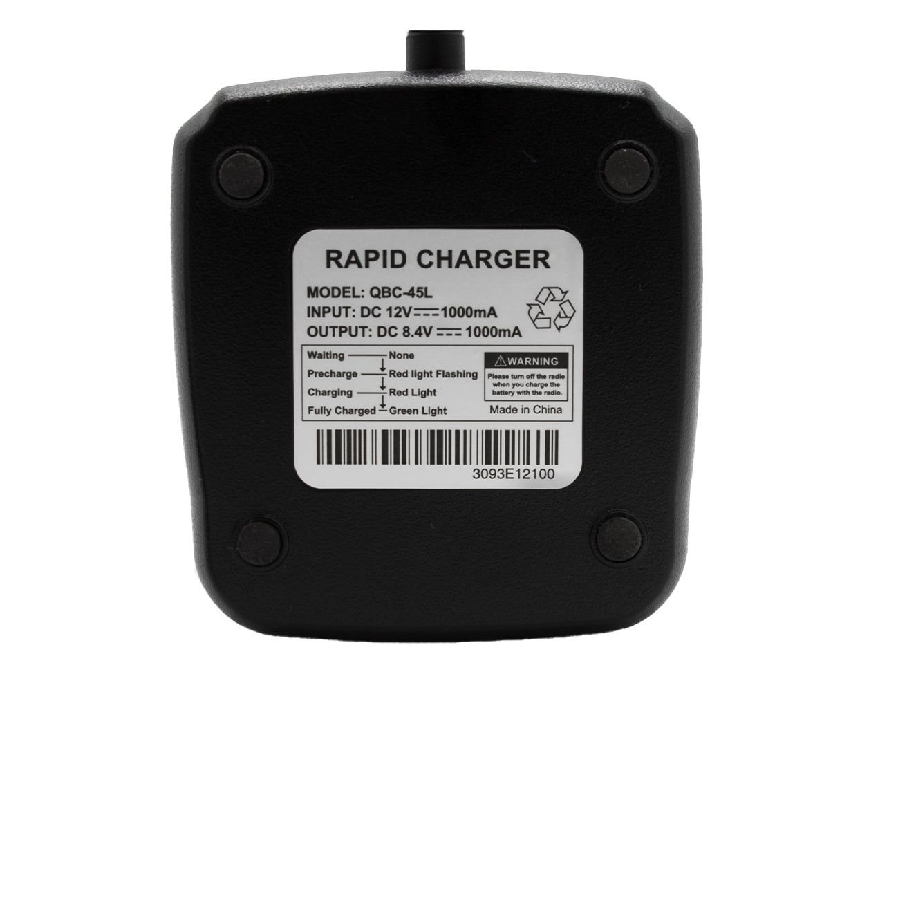 A black rapid charger labeled "Model: QBC-45L," detailing input/output specifications and equipped with status indicators like "Waiting" and "Precharging." It includes a warning notice, is made in China, and is part of the AnyTone AT-D868UV / AT-D878UV Mobile Battery Charging Kit for seamless compatibility.