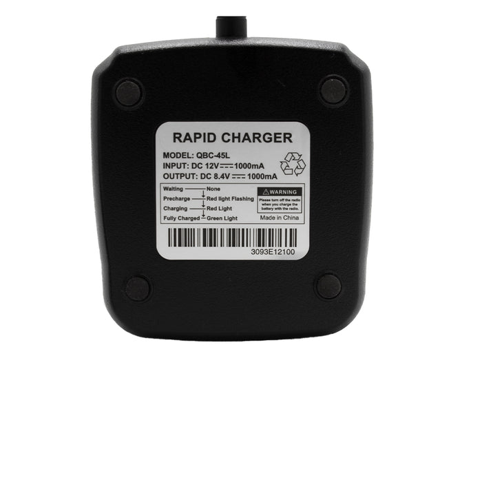 A black rapid charger labeled "Model: QBC-45L," detailing input/output specifications and equipped with status indicators like "Waiting" and "Precharging." It includes a warning notice, is made in China, and is part of the AnyTone AT-D868UV / AT-D878UV Mobile Battery Charging Kit for seamless compatibility.