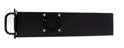 A black rack-mounted electronic device, likely part of Bridge Com's BCR-220 (220 MHz) Repeater MMDVM Digital package w/ Programming Kit, features a handle on one side and a fan with a perforated cover in the middle secured by visible screws. The image provides a side view of the unit, suggesting its use in an amateur ham radio setup.