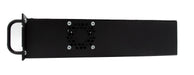 A black rack-mounted electronic device, likely part of Bridge Com's BCR-220 (220 MHz) Repeater MMDVM Digital package w/ Programming Kit, features a handle on one side and a fan with a perforated cover in the middle secured by visible screws. The image provides a side view of the unit, suggesting its use in an amateur ham radio setup.