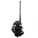 The Heavy Duty AnyTone 868/878 Protective Case is designed to hold a black portable two-way radio with an extended antenna. The device includes several buttons and two silver knobs on the top, and it comes with a faux leather protective case, a black strap, and clips for easy carrying.