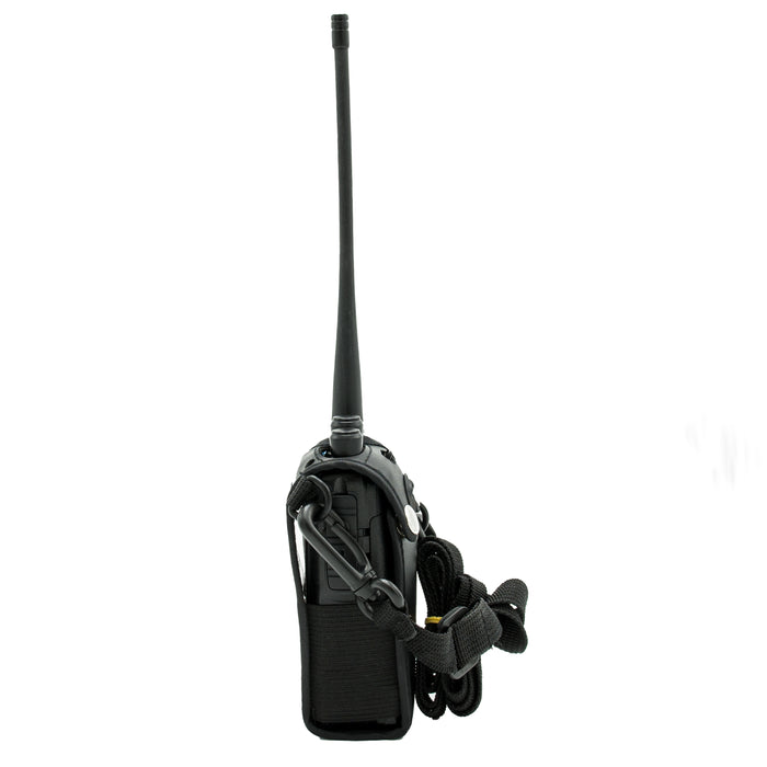 The Heavy Duty AnyTone 868/878 Protective Case houses a black two-way radio with a long antenna and is attached to a black strap. The radio, standing upright against a plain white background, is ready for use.