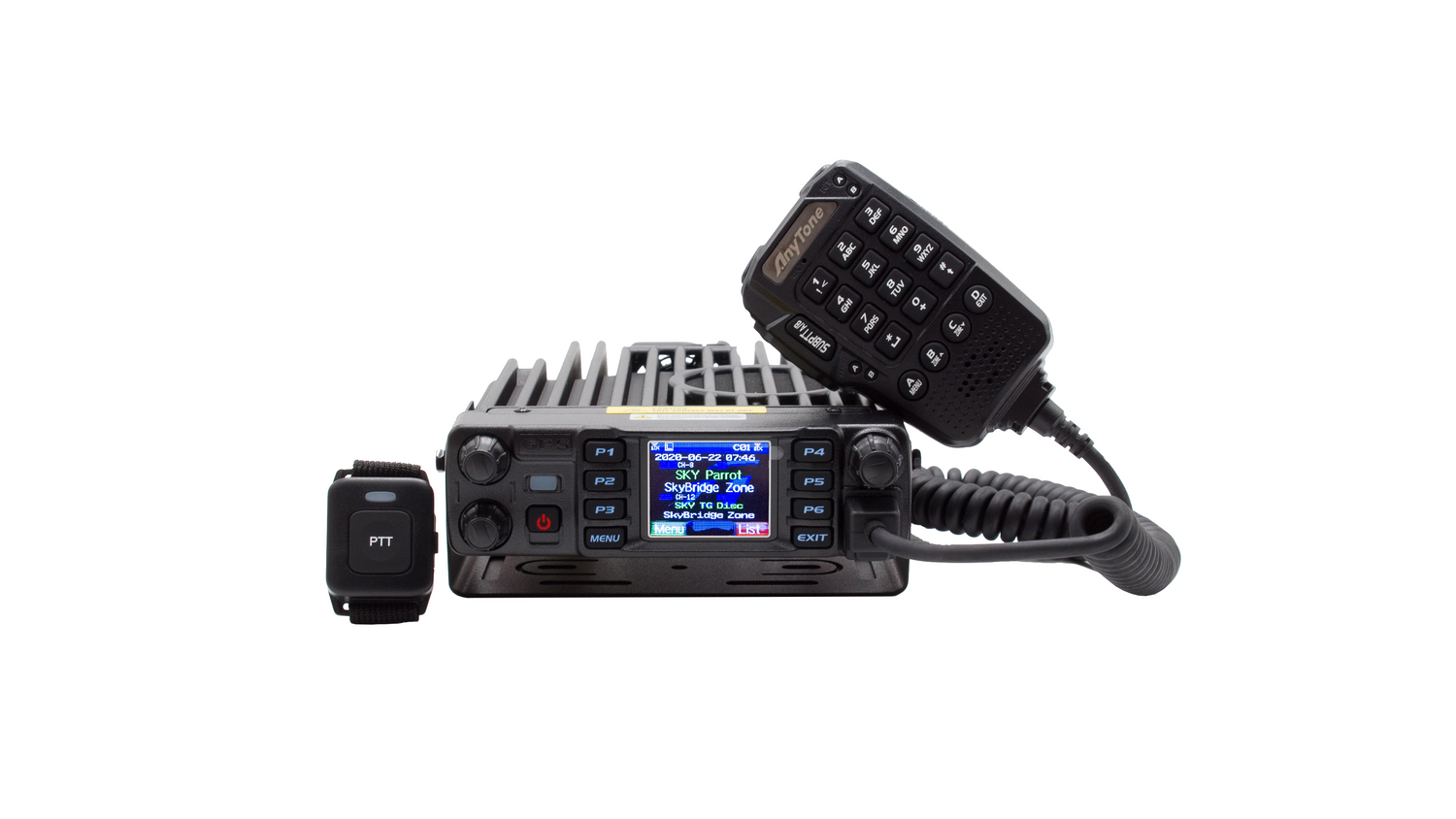 The AT-D578UVIII Plus Commercial Mobile Radio (GPS+BT) features a handheld mic attached via a coiled cord. The radio's screen displays the frequency and other settings, including DMR Repeater Roaming capabilities. A small push-to-talk (PTT) button is located next to the radio, all set against a plain white background.