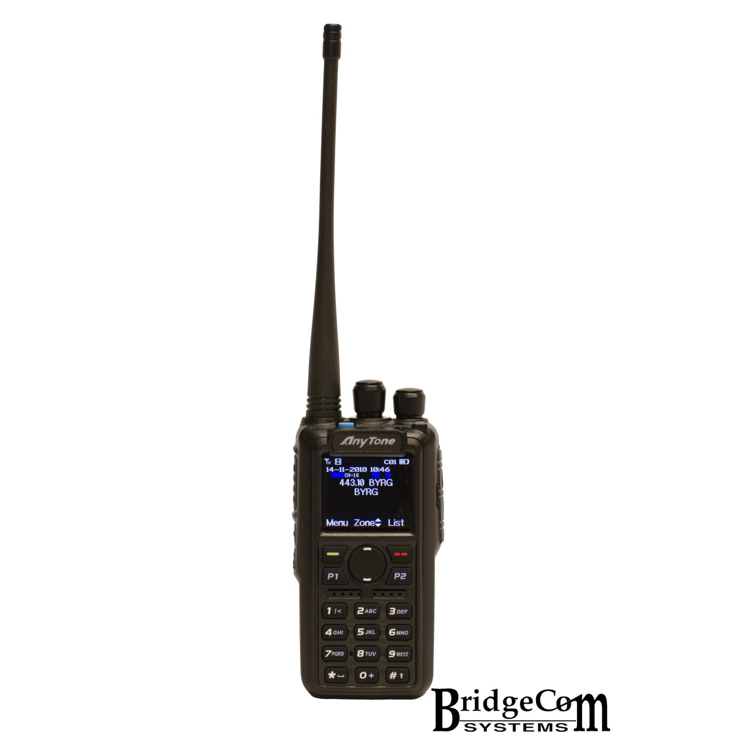 Photo featuring a B-Stock AnyTone AT-D878UV handheld radio in black, equipped with a long antenna, multiple buttons, and a small screen showing text in blue and white at the top. The image also includes the "BridgeCom Systems" logo at the bottom right corner. Note that this model is part of our limited stock B-stock collection and might have minor cosmetic imperfections.