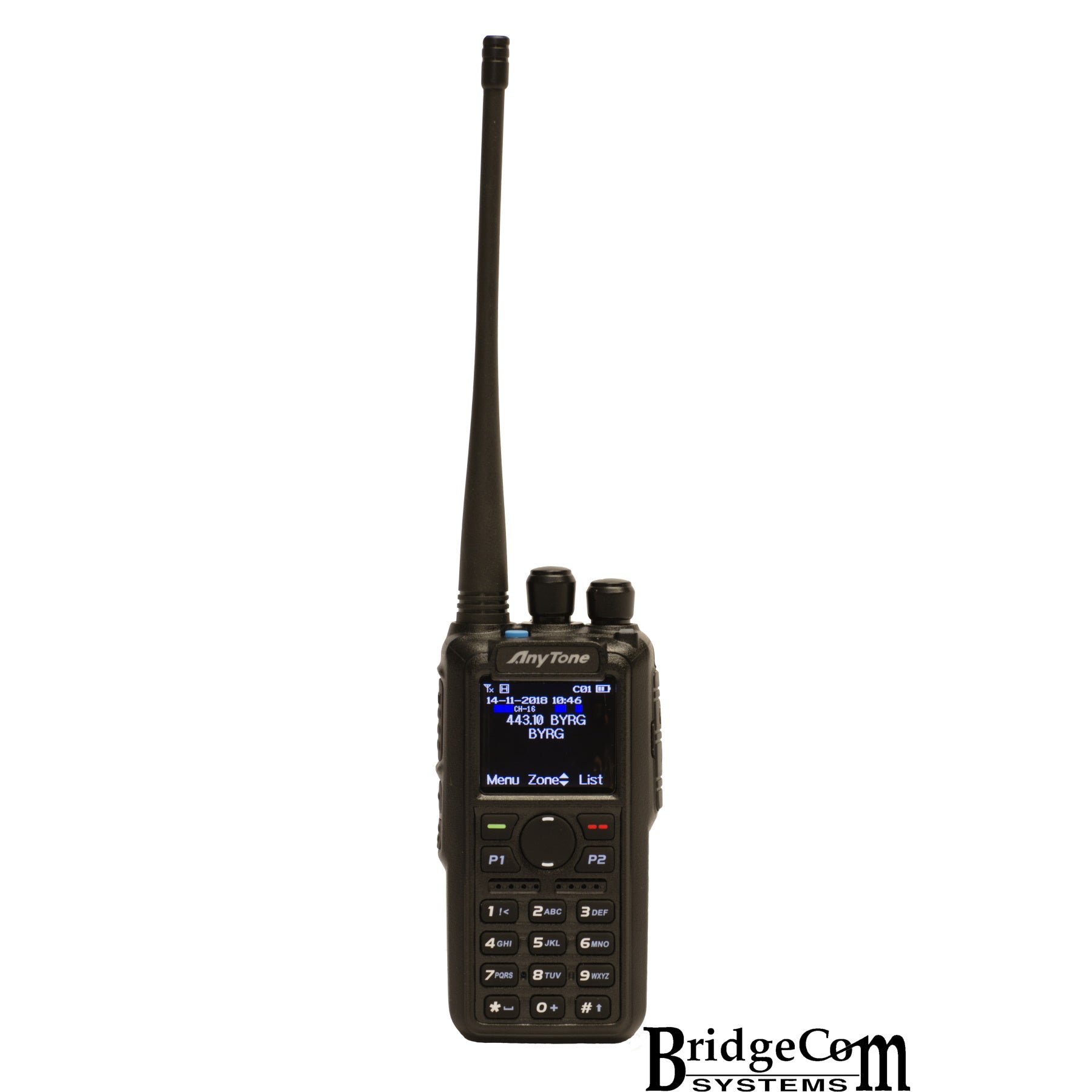 Photo featuring a B-Stock AnyTone AT-D878UV handheld radio in black, equipped with a long antenna, multiple buttons, and a small screen showing text in blue and white at the top. The image also includes the "BridgeCom Systems" logo at the bottom right corner. Note that this model is part of our limited stock B-stock collection and might have minor cosmetic imperfections.