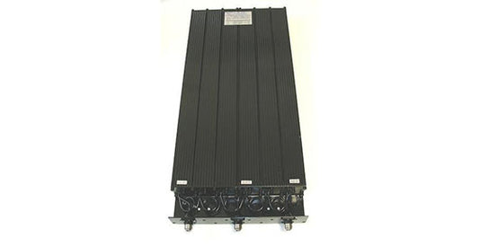 The BCD-150150 VHF Duplexer, a black electronic component featuring multiple cables and connectors at the bottom, showcases a flat, rectangular design with a silver label at the top edge that likely indicates maximum input power specifications. The image is set against a plain white background.