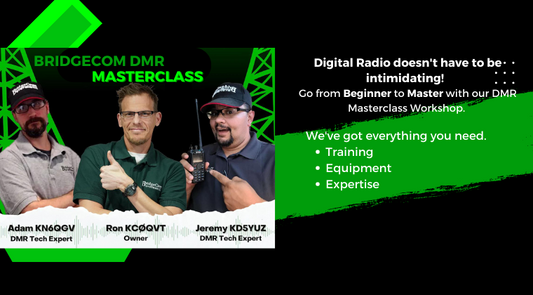 Promotional banner for the DMR Workshop 1 - September 2022 featuring three experts: Adam KN6QGV, Ron KCØQVT, and Jeremy KD5YUZ. The workshop highlights training on DMR technology, insights into DMR equipment, and hands-on expertise in digital radio and local repeater usage.