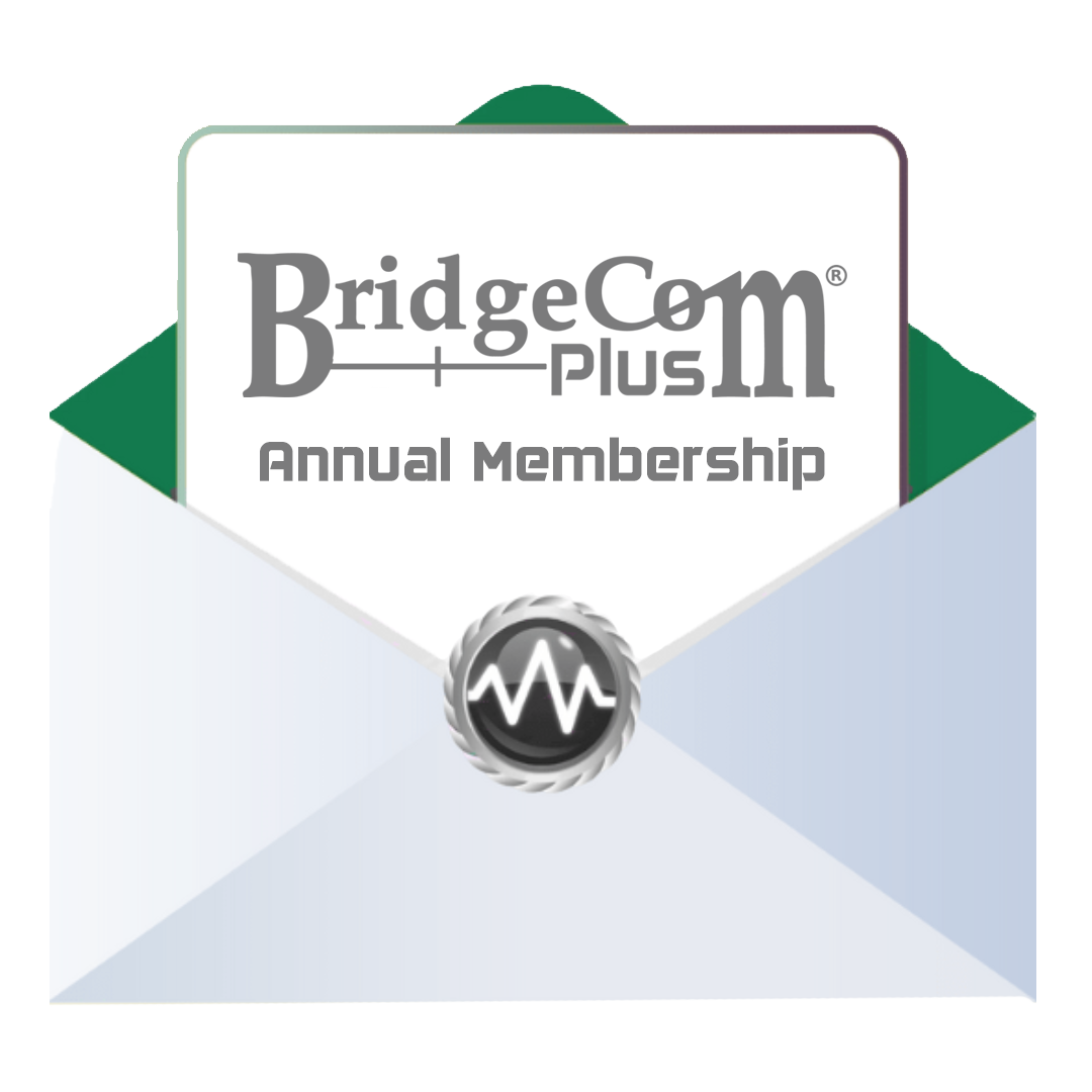 A white envelope with a grey seal featuring a waveform icon is partially open, revealing a card inside. The card displays the text "BridgeCom Plus (Annual Membership) with FREE Ultra Codeplug" in grey. The background is green.