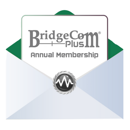 A white envelope with a grey seal featuring a waveform icon is partially open, revealing a card inside. The card displays the text "BridgeCom Plus (Annual Membership) with FREE Ultra Codeplug" in grey. The background is green.