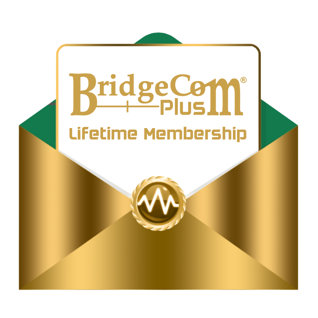 An envelope with a golden seal partially covers a card that reads "BridgeCom Plus (Lifetime Membership) with FREE Ultra Codeplug" in gold text. The design, reminiscent of Digital Mobile Radio systems, exudes an air of prestige and exclusivity.