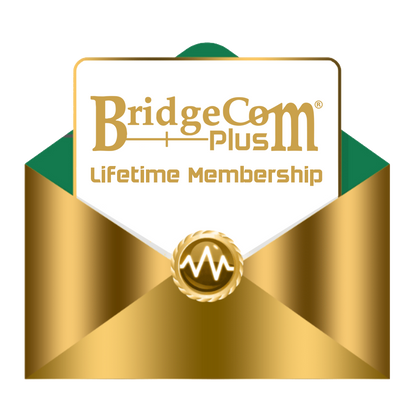 An envelope with a golden seal partially covers a card that reads "BridgeCom Plus (Lifetime Membership) with FREE Ultra Codeplug" in gold text. The design, reminiscent of Digital Mobile Radio systems, exudes an air of prestige and exclusivity.