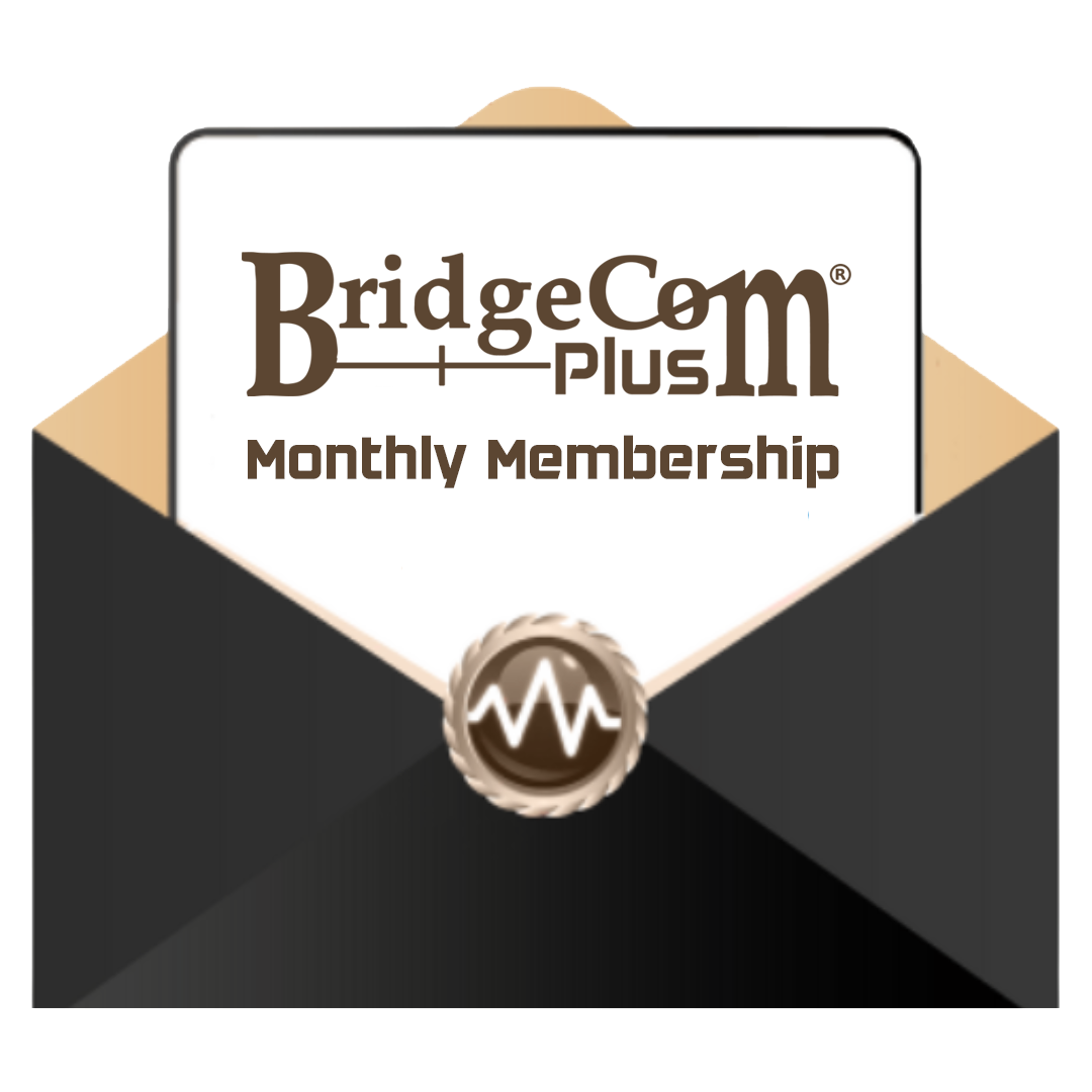 An illustration showing a black envelope with a beige liner. A card is partially visible, emerging from the envelope, displaying the words "BridgeCom Plus (Monthly Membership) with FREE Super Codeplug" in brown text. The envelope flap has a circular emblem with a wave-like design, symbolizing connection to our online community.