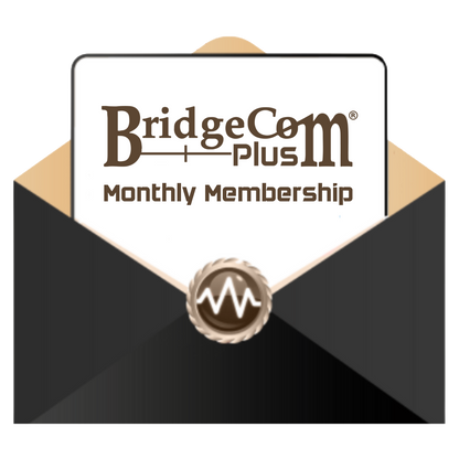 An illustration showing a black envelope with a beige liner. A card is partially visible, emerging from the envelope, displaying the words "BridgeCom Plus (Monthly Membership) with FREE Super Codeplug" in brown text. The envelope flap has a circular emblem with a wave-like design, symbolizing connection to our online community.