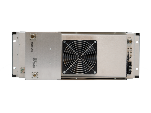 The Crescend 10-20W input 100W output VHF power amplifier 152-162MHz, commonly used in public safety industries, features a metal construction with various ports and connectors labeled "ANTENNA" and "RECEIVER" on the left side. A large cooling fan is centrally positioned on the right side. This VHF amplifier device comes mounted on a flat metal panel with mounting brackets for easy installation.