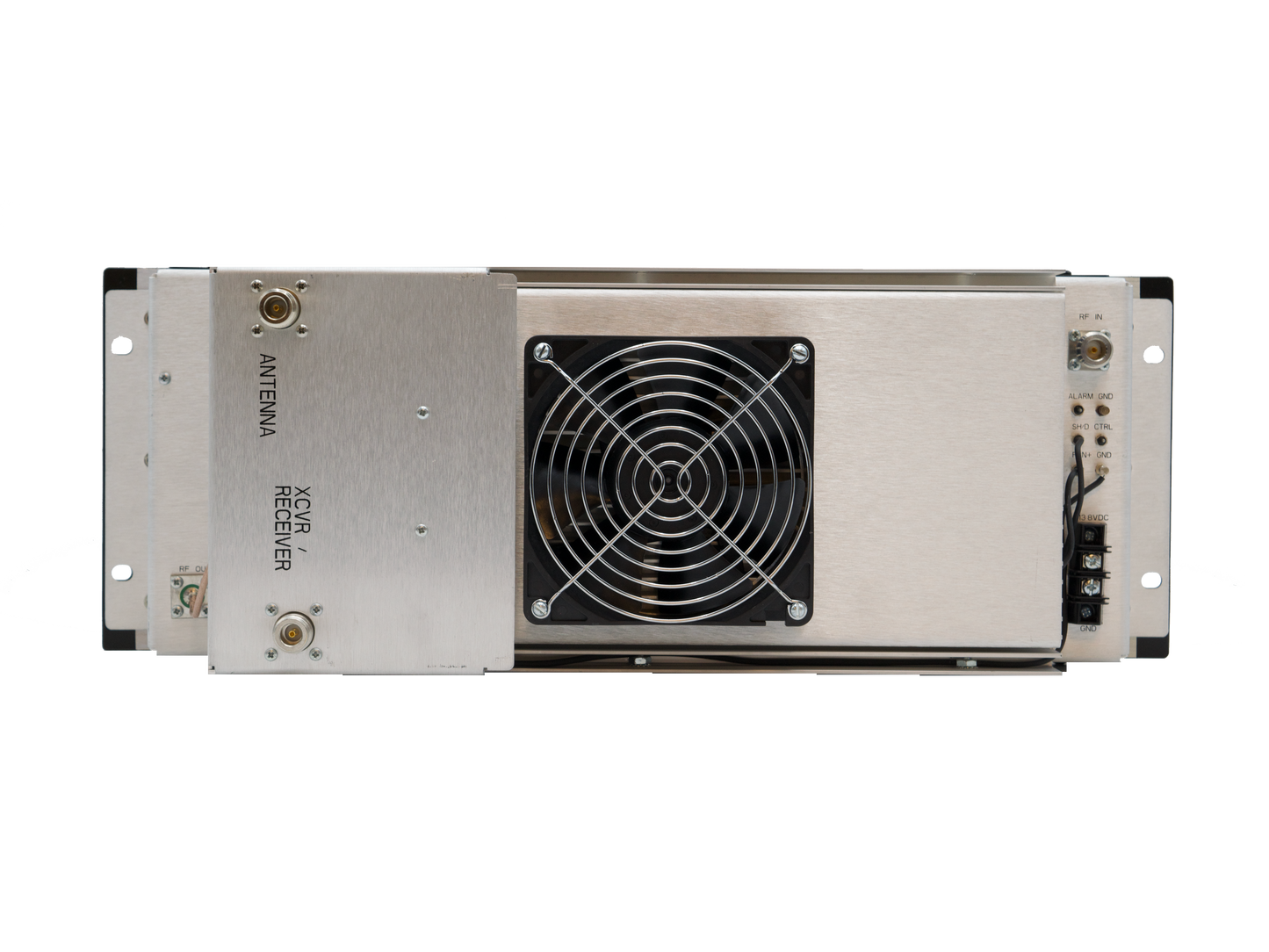 The Crescend 5-10W input 100W output UHF power amplifier, operating within the 403-450 MHz range, is a metallic rectangular device featuring various ports and connections labeled "Antenna" and "Receiver" on the left side. It has a centrally located cooling fan covered by a protective grille, indicating it to be an advanced electronic receiver unit with a 100 W output power capability.