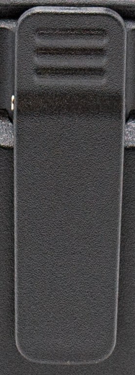 A close-up image of the Belt Clip Echo E30, a black plastic clip, attached to a textured black surface. The clip features a smooth finish with three horizontal grooves at the top for enhanced grip.