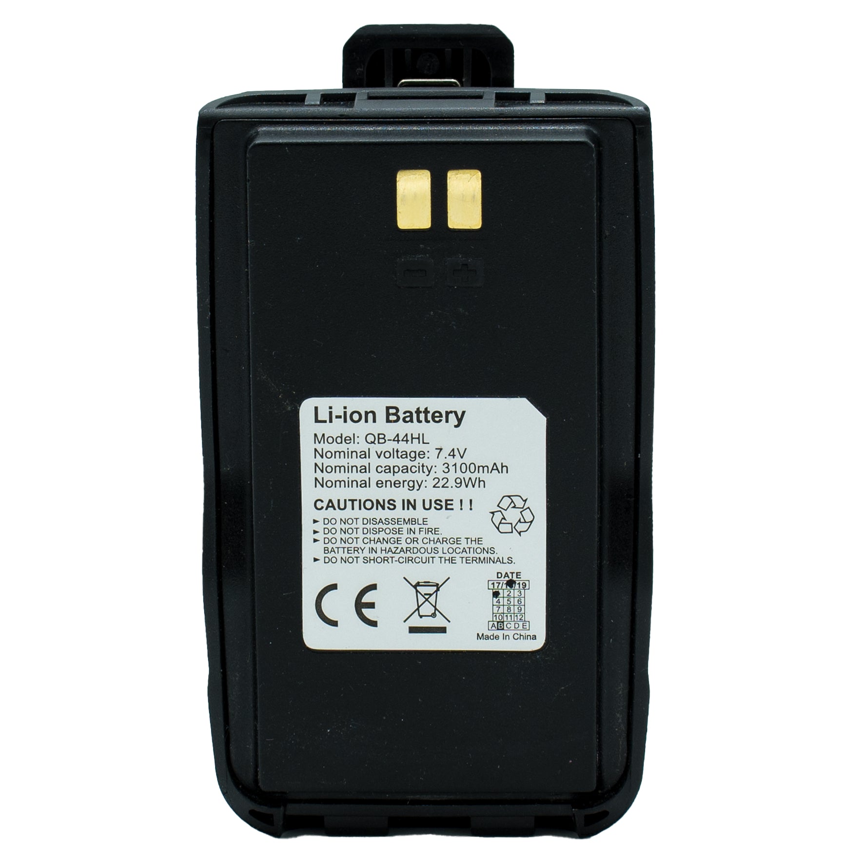 A sleek black rectangular battery featuring two gold contact points at the top. The front label displays the model number QB-4HLi and specifications: 3.7V, 2100mAh, 7.77Wh. Designed as a spare battery for the AnyTone AT-D868UV, it includes safety instructions, certifications, and indicates that it's "Made in China.