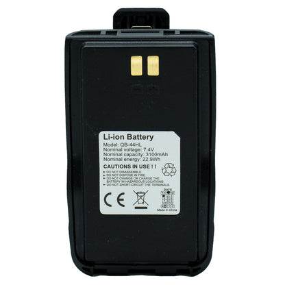 A sleek black rectangular battery featuring two gold contact points at the top. The front label displays the model number QB-4HLi and specifications: 3.7V, 2100mAh, 7.77Wh. Designed as a spare battery for the AnyTone AT-D868UV, it includes safety instructions, certifications, and indicates that it's "Made in China.