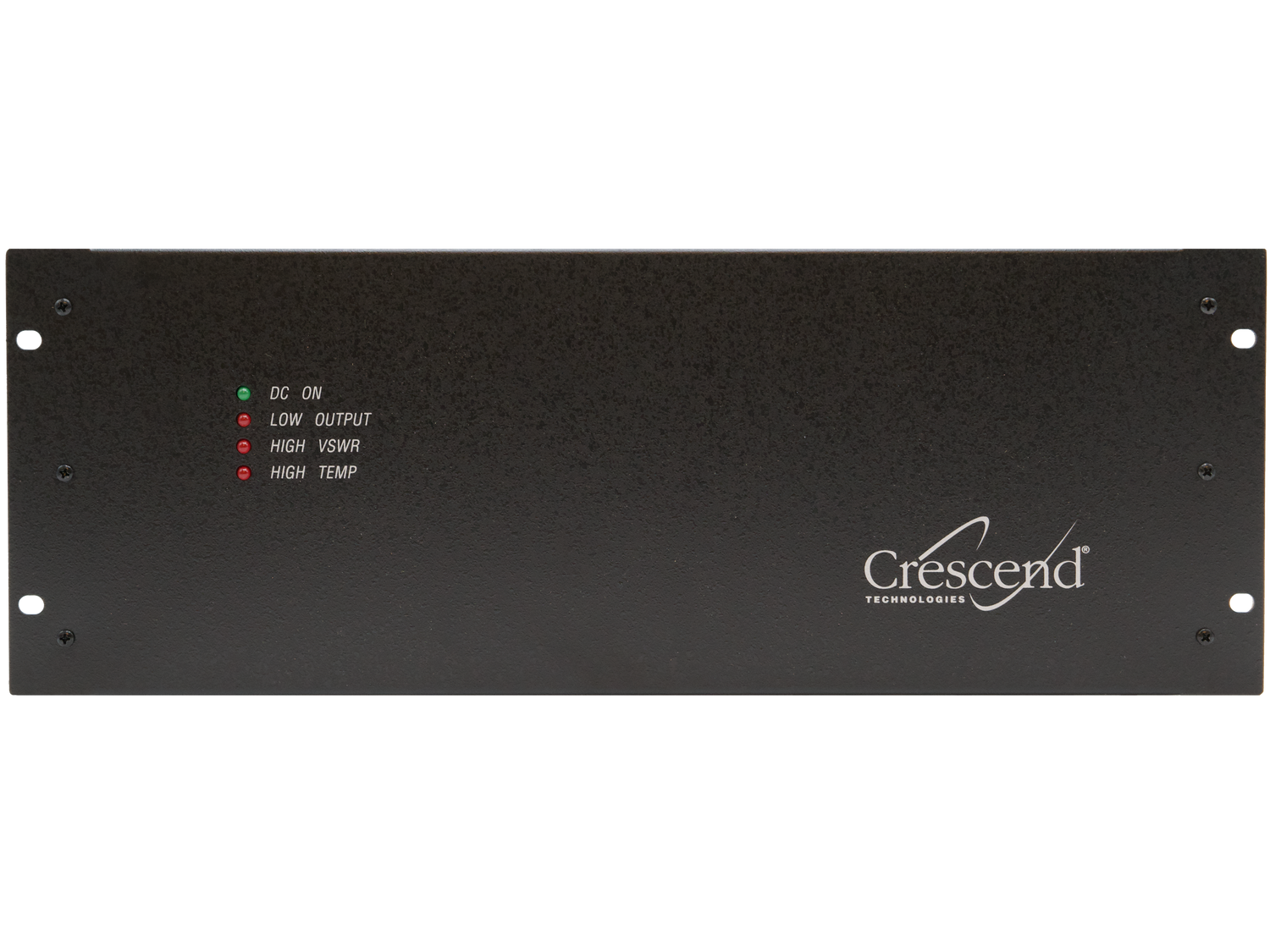 Front view of a black Crescend 10-20W input 100W output VHF power amplifier (136-174MHz) used in radio frequency applications for public safety industries. It has indicator lights labeled "DC ON," "LOW OUTPUT," "HIGH VSWR," and "HIGH TEMP." The "DC ON" light is green, while the other lights are red.