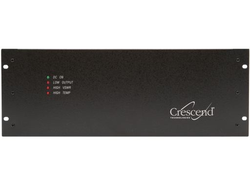 A black Crescend 10-20W input, 100W output VHF power amplifier (152-162MHz) features an LED display on the left side with indicators for "DC ON," "LOW OUTPUT," "HIGH VSWR," and "HIGH TEMP," showing different status lights. Ideal for use in public safety industries, it prominently displays the brand name "Crescend Technologies" on the right side.