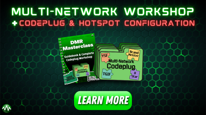 Promotional banner for Multi-Network Workshop (with FREE Codeplug!) on codeplug and hotspot configuration for amateur radio, featuring a DMR Masterclass guidebook and complete codeplug workshop details. Perfect for Digital Radio Networks enthusiasts. A "Learn More" button is at the bottom center on a hexagonal pattern background.